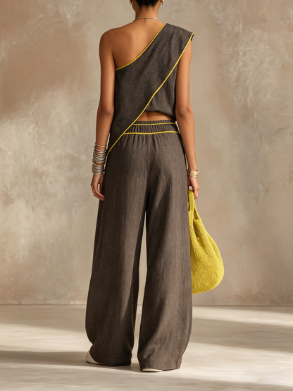 Asymmetrische Eén-Schouder Linnen-Blend Twee-Delig Set