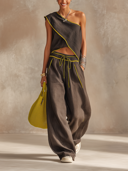 Asymmetrische Eén-Schouder Linnen-Blend Twee-Delig Set