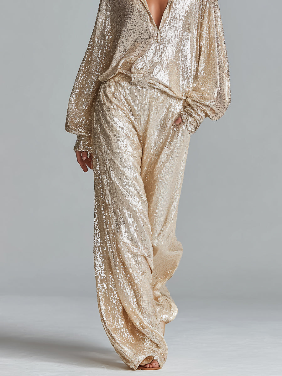 Dames Gouden Glamoureuze Pailletten Kraag Halve Rits Brede Pijp Loungewear Feestset MDA2425I0I