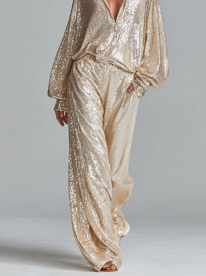 Dames Gouden Glamoureuze Pailletten Kraag Halve Rits Brede Pijp Loungewear Feestset MDA2425I0I