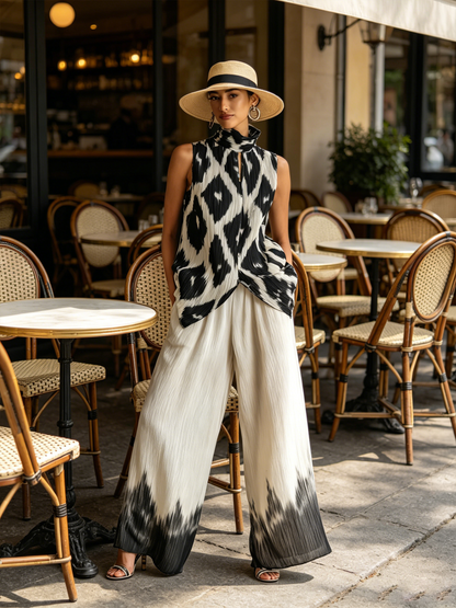 Zwart & Wit Ikat Print Geplooide Mouwloze Top & Dip-Dye Wijde Pantalon Set