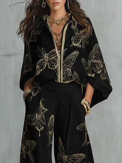 Elegante Vlinderprint Rits Top & Wijde Pantalon Set