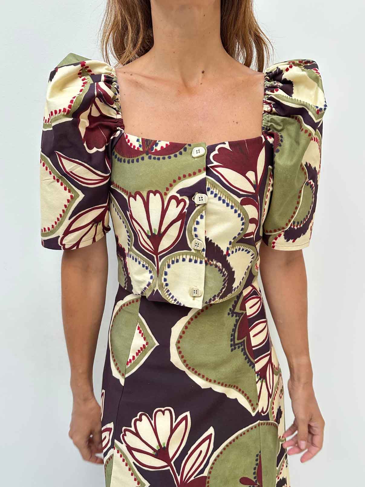 Elegante Retro Bloemen Puff Sleeve Rok Twee-delige Set