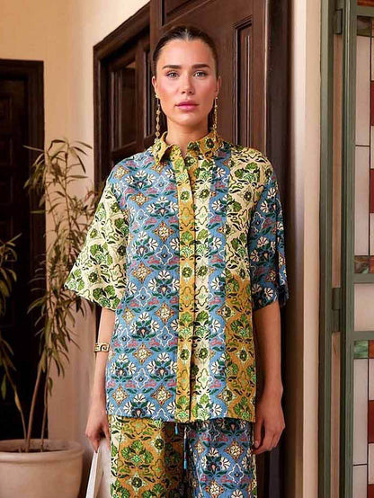 Retro Kunstprint Shirt & Brede Pantalon Twee-Delige Set