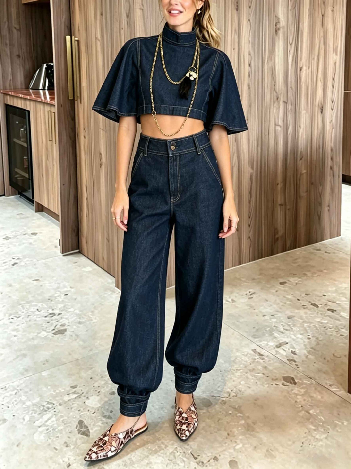 Moderne Denim Cape Top & Hoge Taille Tapered Broek Twee-delige Set