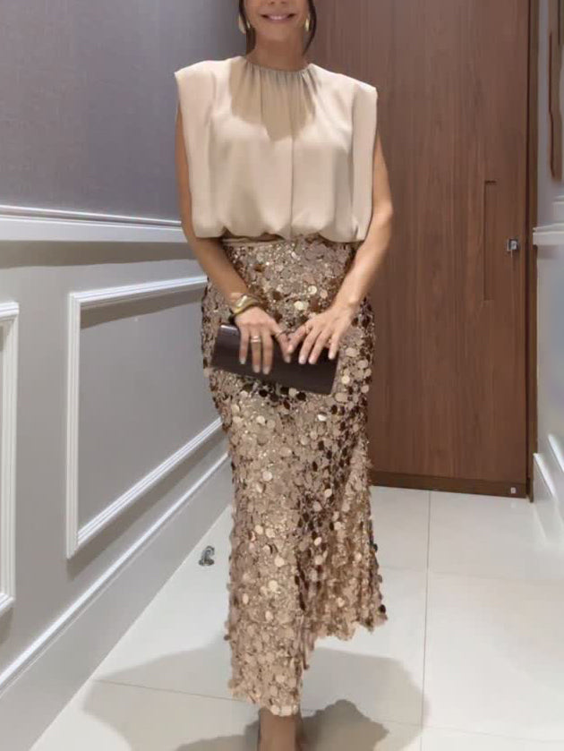 Elegante Mouwloze Blouse & Pailletten Midi Rok Twee-Delige Set