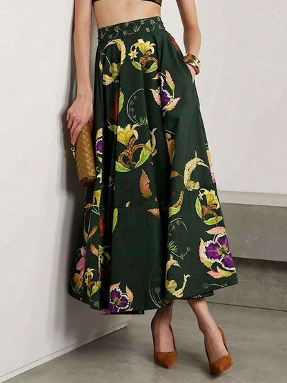 Retro Stijl Donkergroen Bloemenprint Crop Top & Rok Set