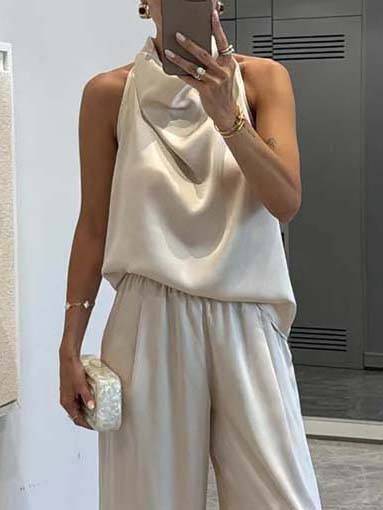 Elegante Halter Nek Swing Kraag Top En Brede Pantalon Set-Top