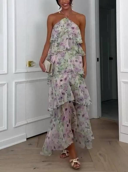 Halter Nek Meerlaagige Rimpel Bloemenprint Jurk