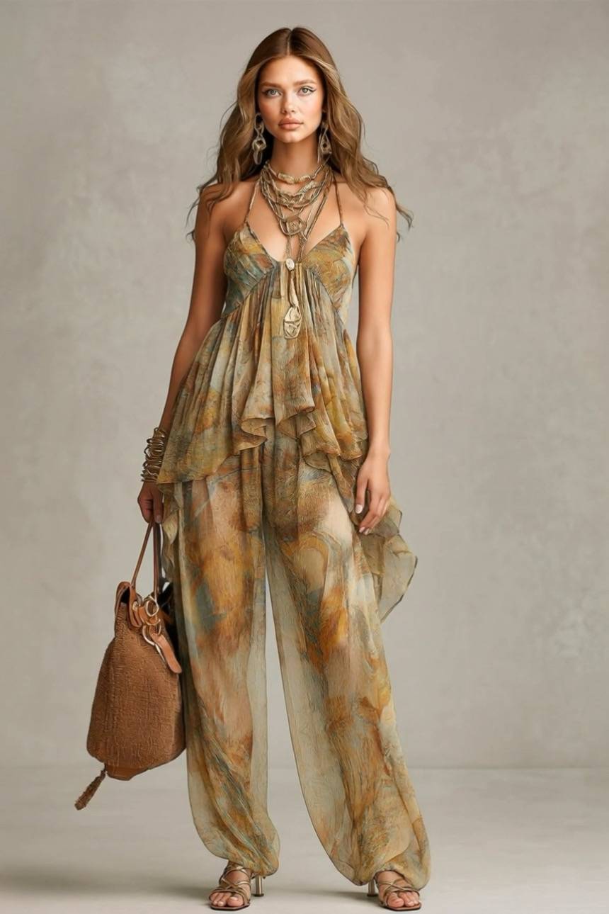 Geprinte Sling Top En Brede Pantalon Set