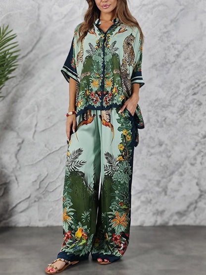 Exotische Jungle Print Batwing Mouw Shirt & Wijde Pantalon Set