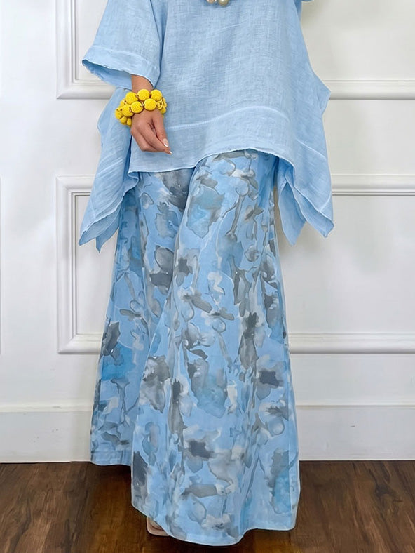 Casual Asymmetrische Top & Gedrukte Wijde Broek Set