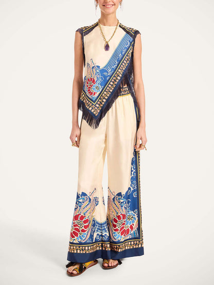 Elegante Boheemse Print Vest Met Franje Twee-Stuks Set