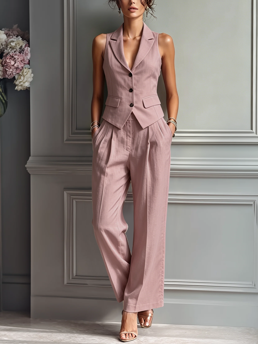 Dames Blush Roze Linnen Stof Mouwloze Vest & Wijde Broek Twee-Delige Set Met Reverskraag MDZ3005A5T