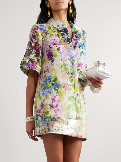 Elegante Bloemenprint Pailletten Top & Rok Twee-Stuk Set