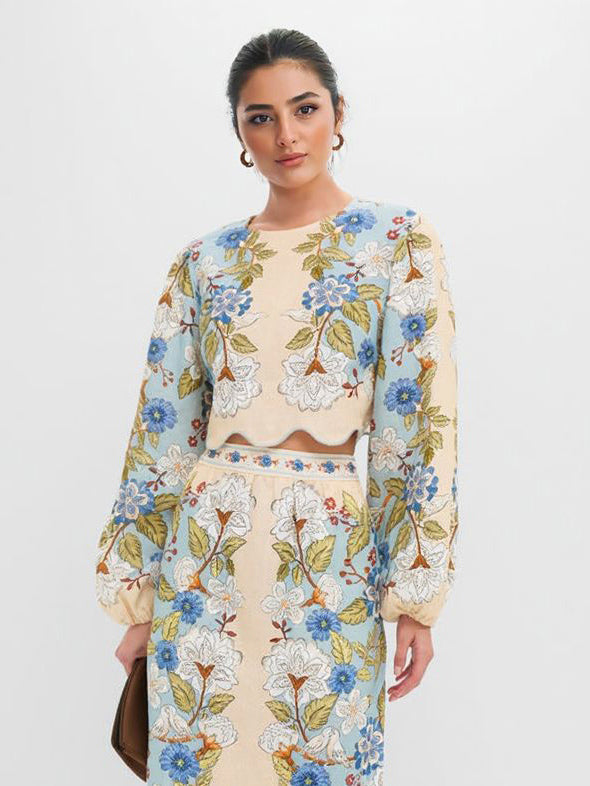 Retro Bloemen Geborduurde Lange Mouw Crop Top