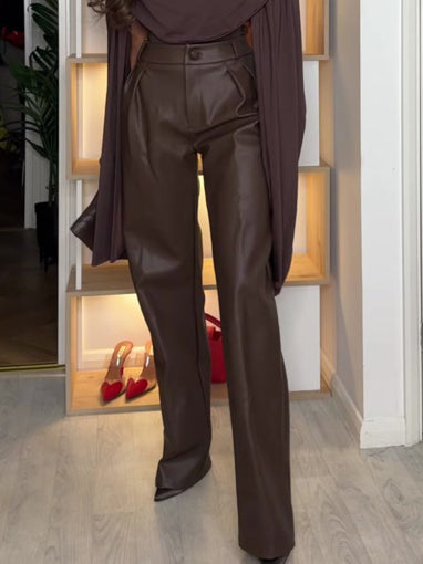 Elegante Drapé Top En Wijde Nep Leer Broek Twee-delige Set