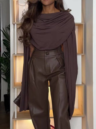 Elegante Drapé Top En Wijde Nep Leer Broek Twee-delige Set