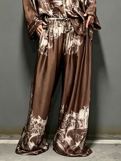 Architecturale Print Satijnen Shirt En Broek Twee-Delige Set