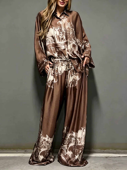 Architecturale Print Satijnen Shirt En Broek Twee-Delige Set