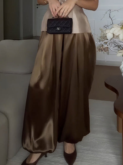 Exquise Satijnen Cape Top & Wijde Broek Twee-delige Set
