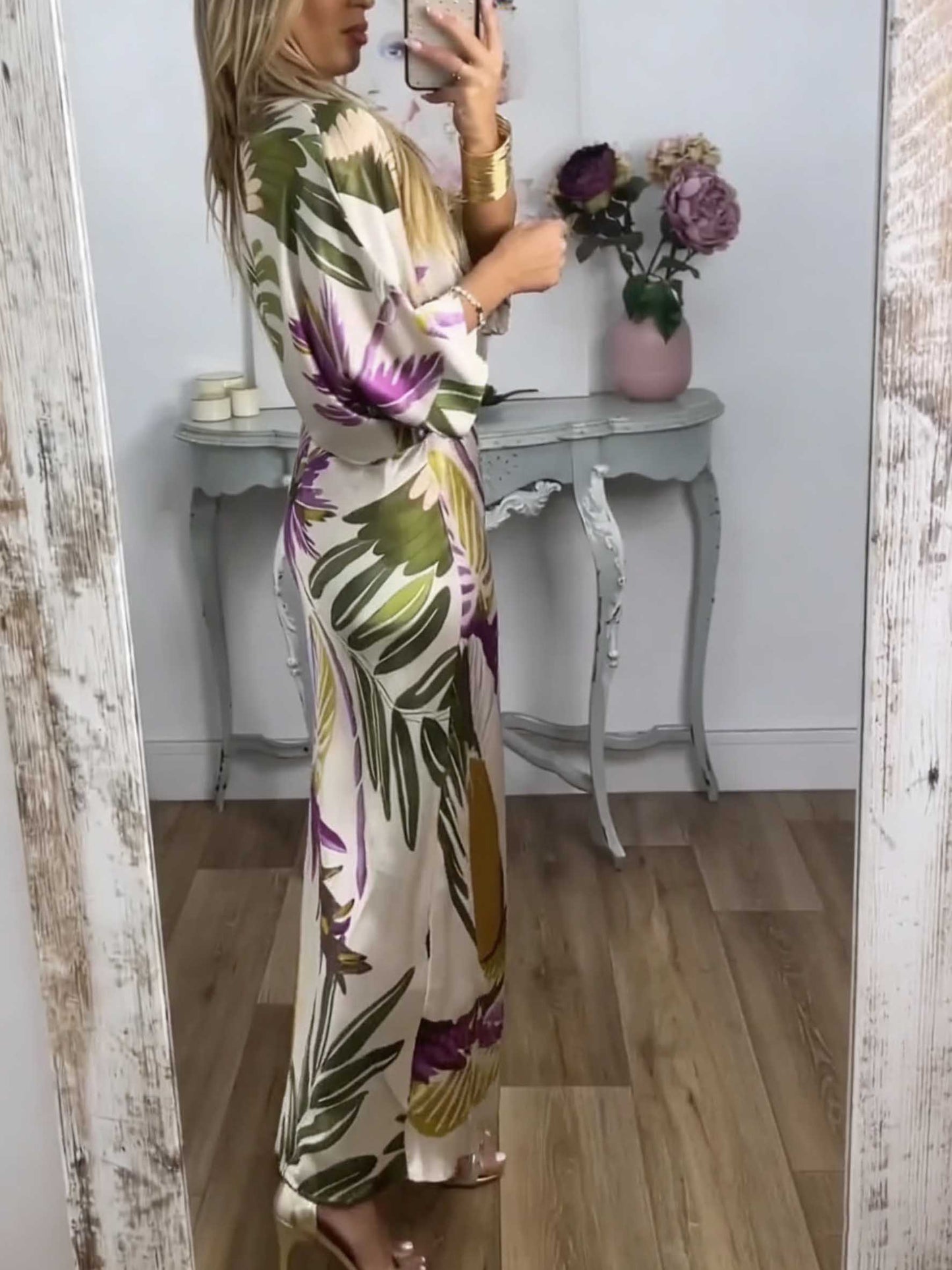 Retro Papegaai En Palmblad Print Twee-Piece Set