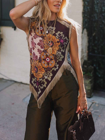 Unieke Retro Bloemenprint Tassel Vest Twee-delige Set