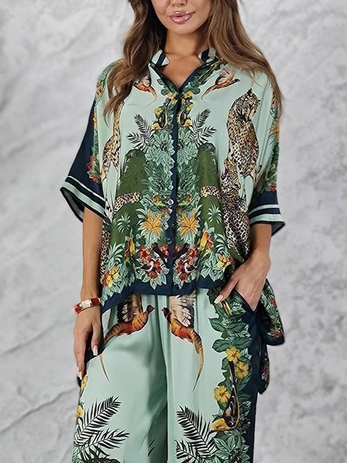 Exotische Jungle Print Batwing Mouw Shirt & Wijde Pantalon Set