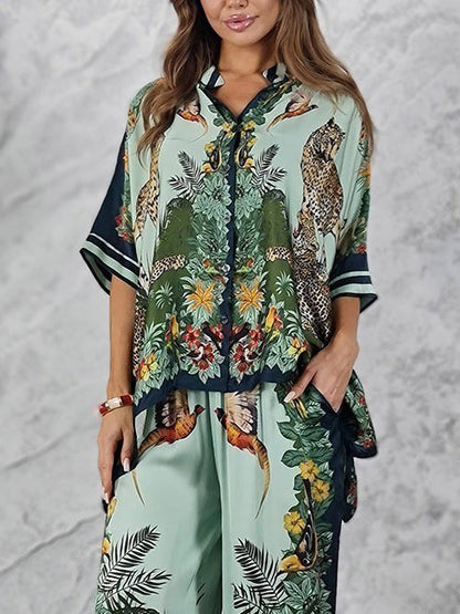 Exotische Jungle Print Batwing Mouw Shirt & Wijde Pantalon Set