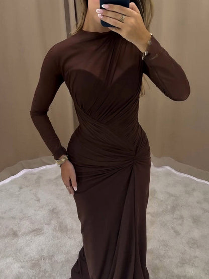 Elegante Drapé Lange Mouwen Maxi Jurk