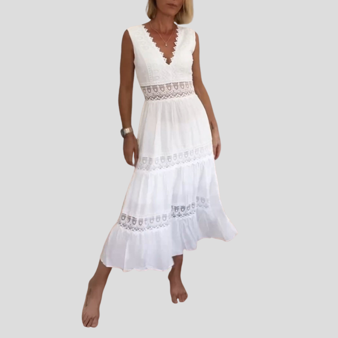 Sora™ – Mouwloze Boho-Midijurk met Kantdetails