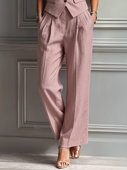 Dames Blush Roze Linnen Stof Mouwloze Vest & Wijde Broek Twee-Delige Set Met Reverskraag MDZ3005A5T
