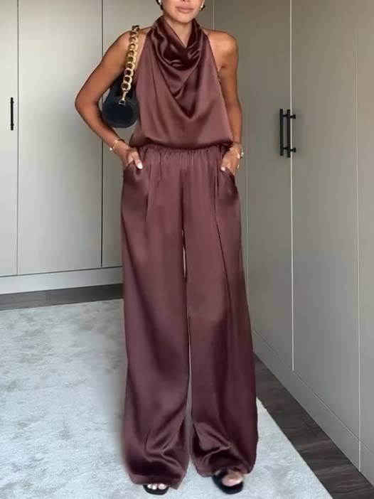 Elegante Halter Nek Swing Kraag Top En Brede Pantalon Set-Top