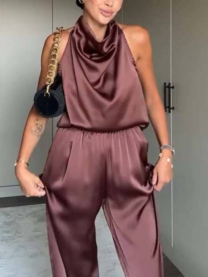 Elegante Halter Nek Swing Kraag Top En Brede Pantalon Set-Top