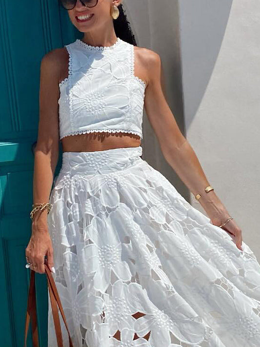 Elegante Holle Bloemenkant Cropped Tanktop