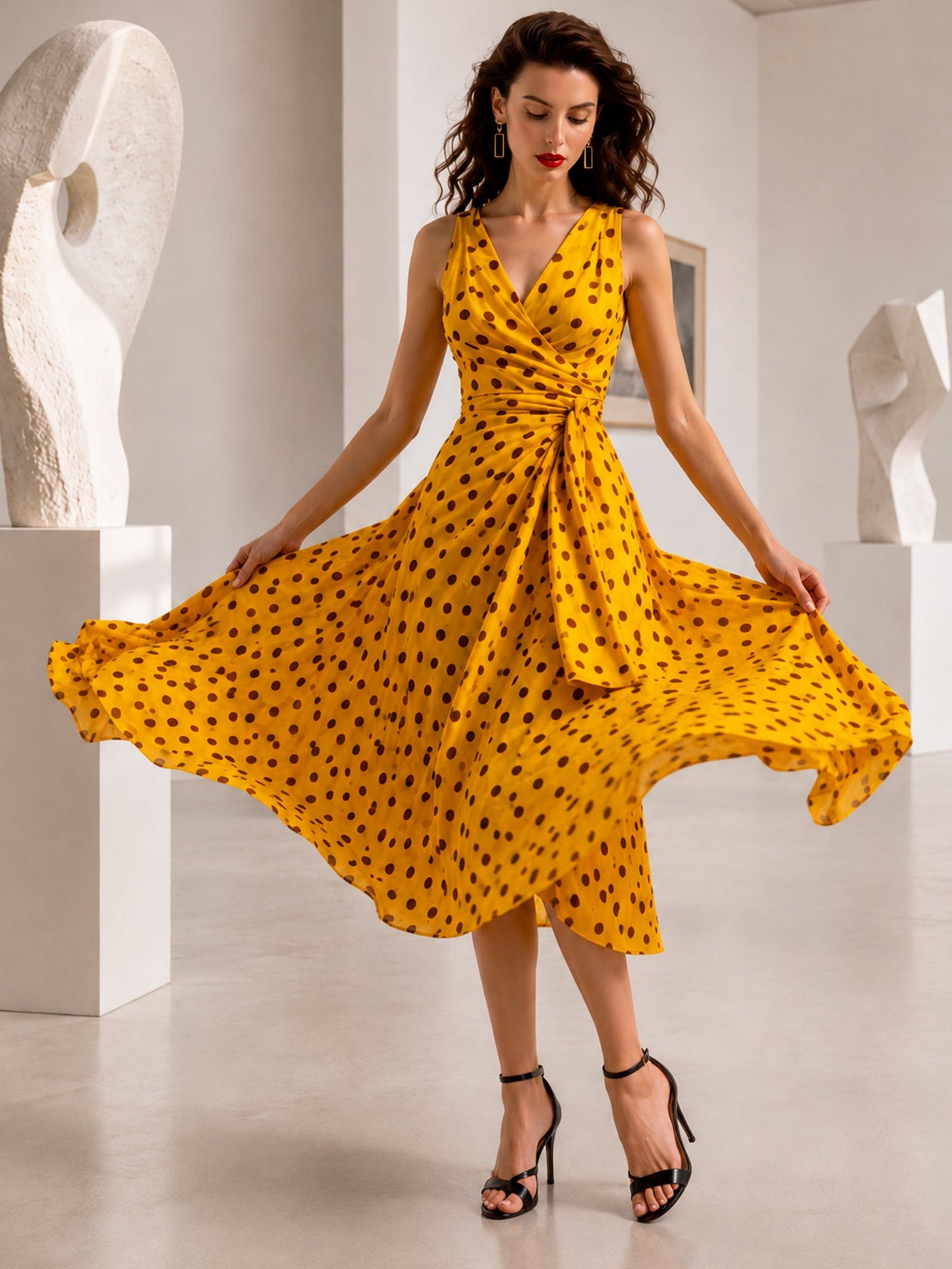 Midi-jurk met vintage rand en stippenpatroon