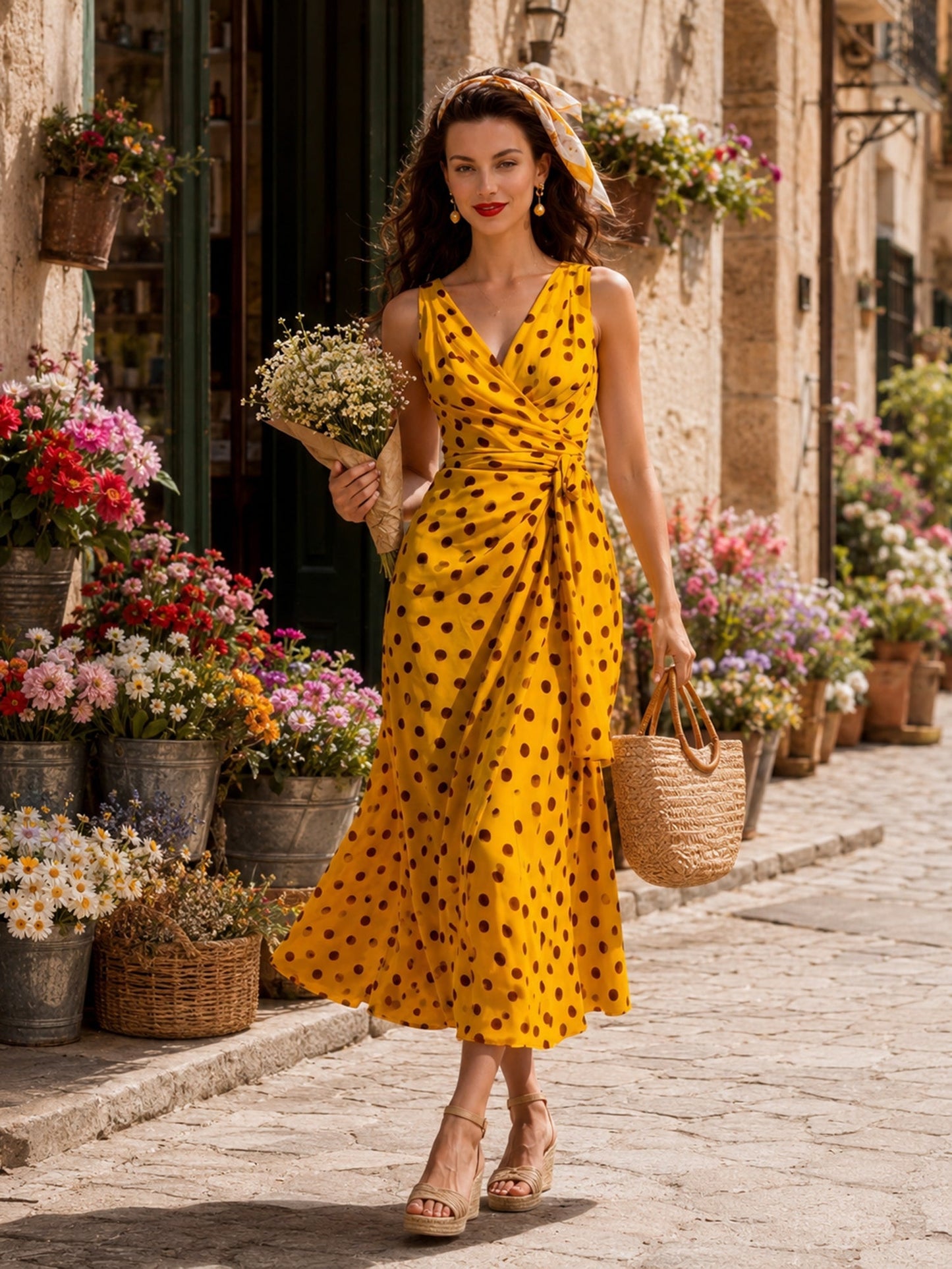 Midi-jurk met vintage rand en stippenpatroon