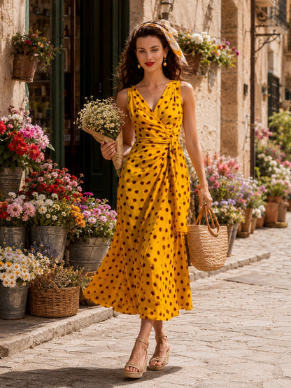 Midi-jurk met vintage rand en stippenpatroon