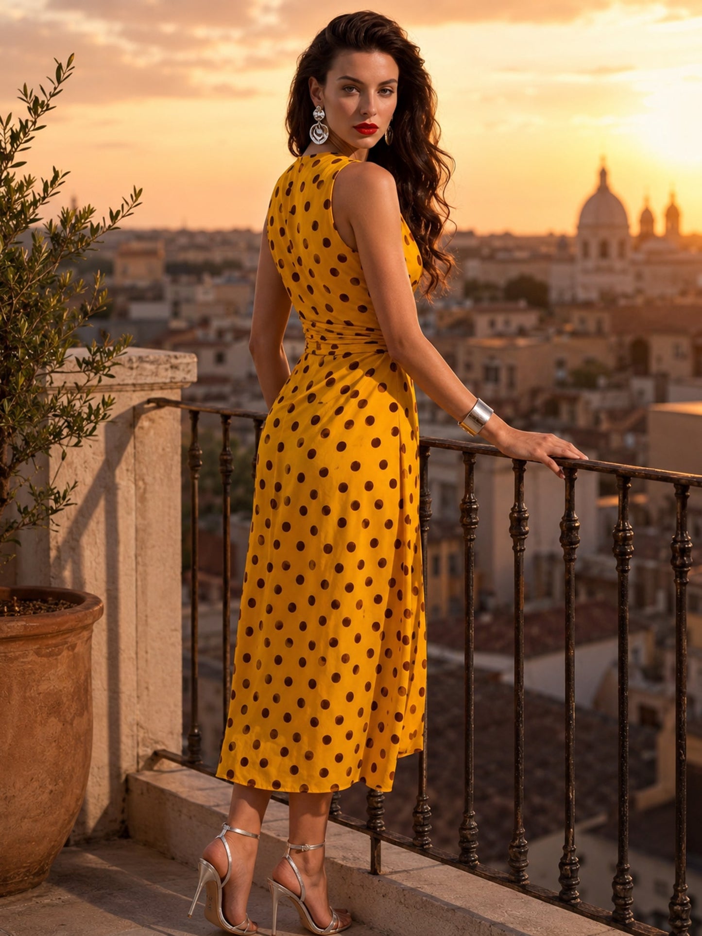Midi-jurk met vintage rand en stippenpatroon