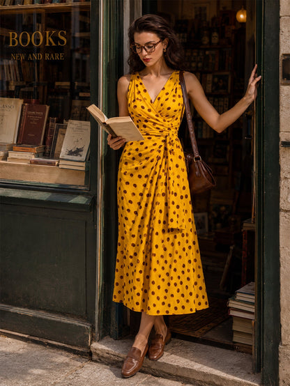 Midi-jurk met vintage rand en stippenpatroon