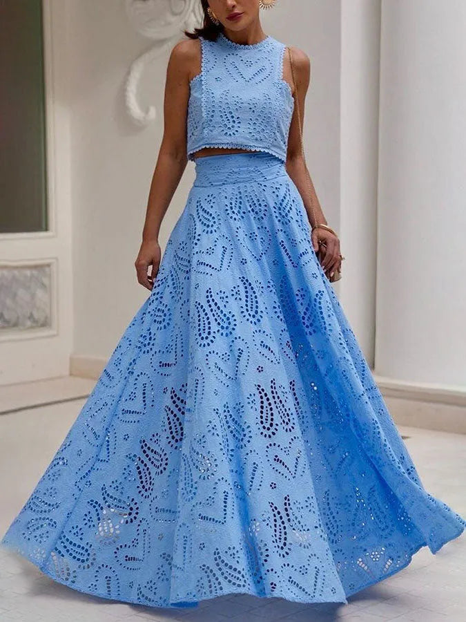 Exquise Mouwloze Geborduurde Hollow Lace Top