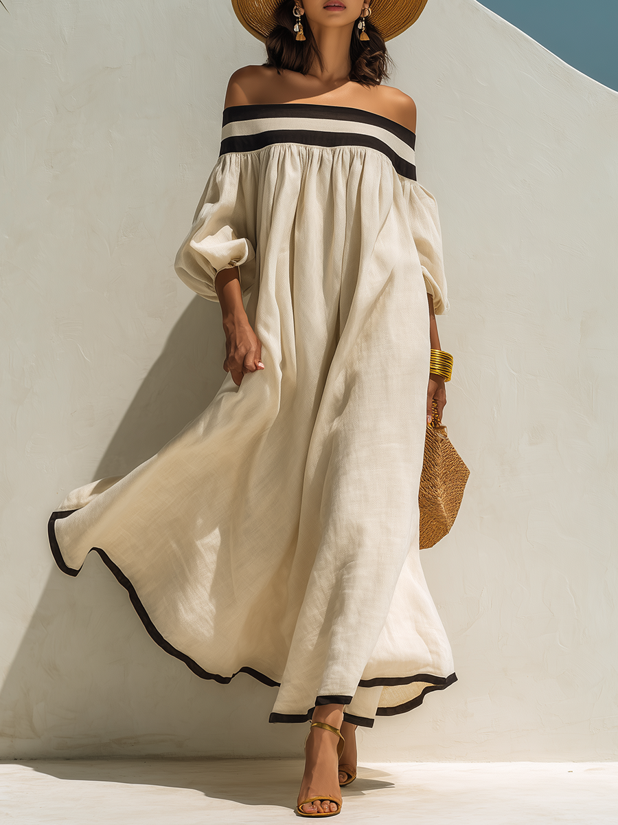 Loszittende maxi-jurk met kleurblokken en blote schouders, van beige katoen-linnen