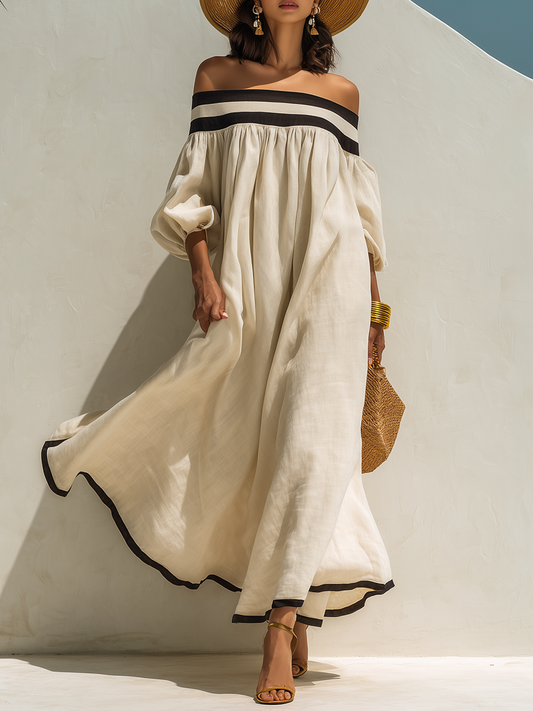 Loszittende maxi-jurk met kleurblokken en blote schouders, van beige katoen-linnen