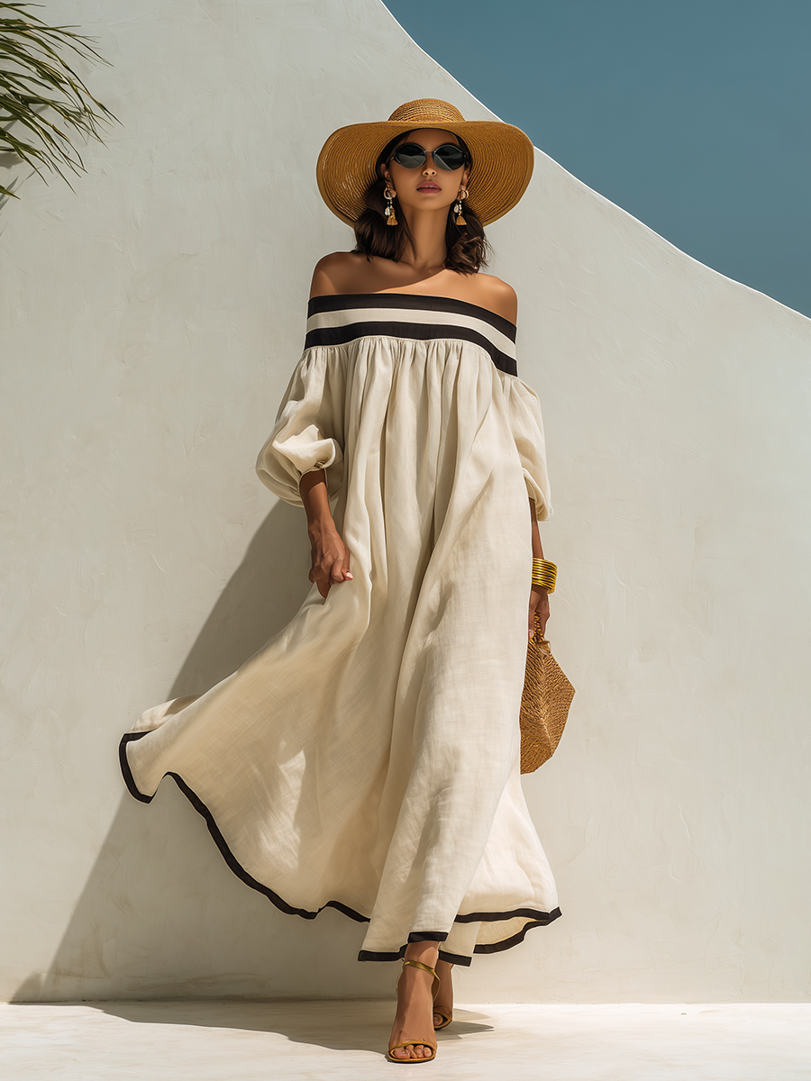 Loszittende maxi-jurk met kleurblokken en blote schouders, van beige katoen-linnen