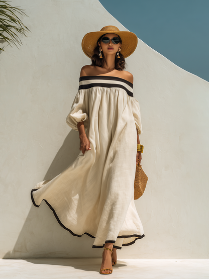 Loszittende maxi-jurk met kleurblokken en blote schouders, van beige katoen-linnen