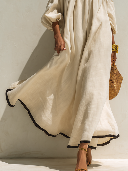 Loszittende maxi-jurk met kleurblokken en blote schouders, van beige katoen-linnen