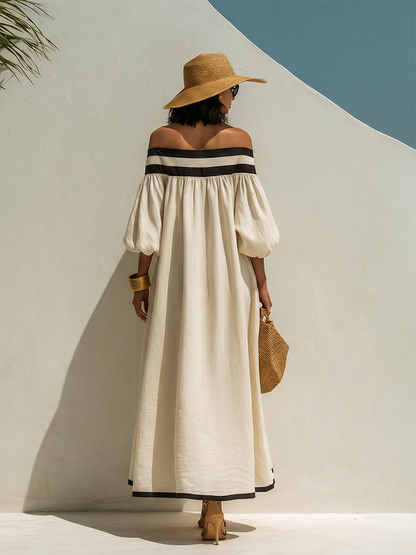 Loszittende maxi-jurk met kleurblokken en blote schouders, van beige katoen-linnen