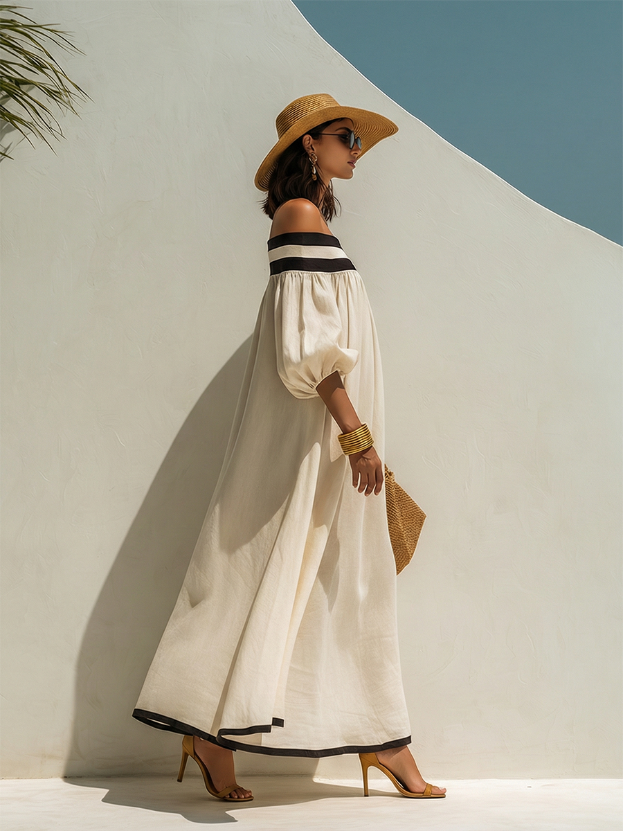 Loszittende maxi-jurk met kleurblokken en blote schouders, van beige katoen-linnen