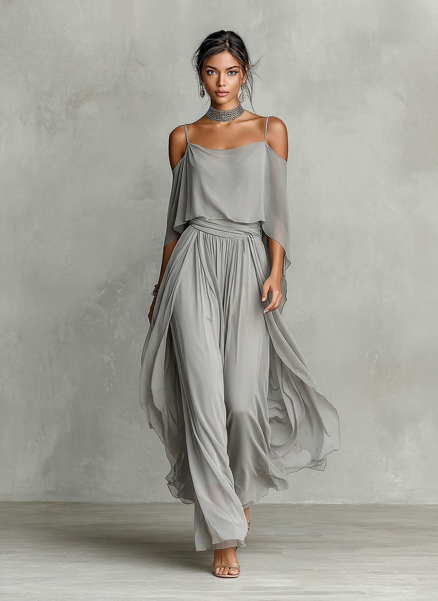 Dames Grijze Ademend Chiffon Set Met Cold-Shoulder Detail & Uitlopende Silhouet, Hedendaagse Luxe-Vrouwelijke Stijl Set MDZ2651B6I