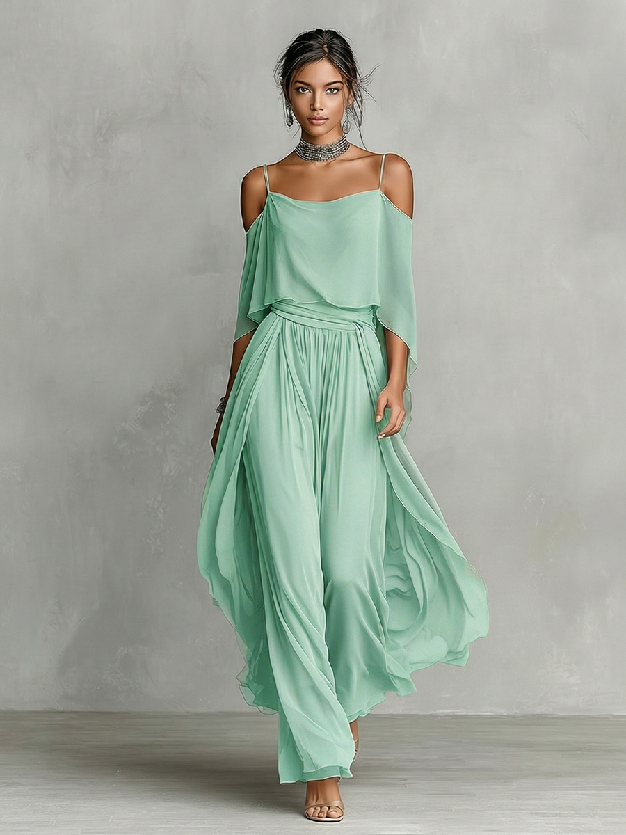 Dames Grijze Ademend Chiffon Set Met Cold-Shoulder Detail & Uitlopende Silhouet, Hedendaagse Luxe-Vrouwelijke Stijl Set MDZ2651B6I